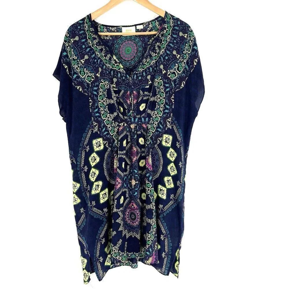 Maeve Silk Dress Size Medium Navy Green Medallion Print Shift V Neck Lightweight